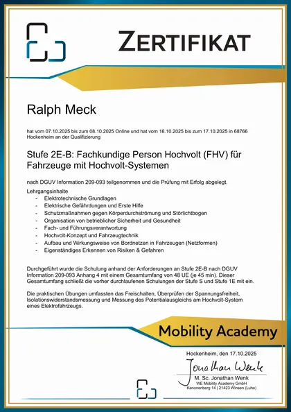 Zertifikat Stufe 2E: Fachkundige Person Hochvolt (FHV) – Ralph Meck, WE Mobility Academy