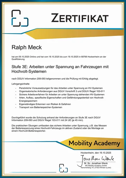 Zertifikat Stufe 3E: Arbeiten unter Spannung – Ralph Meck, WE Mobility Academy